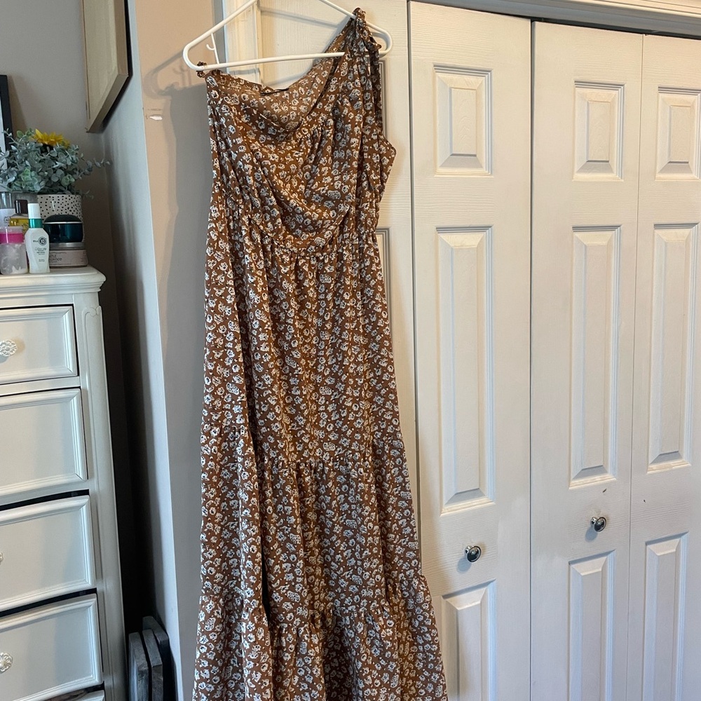 Brown Asymmetrical Ruffled Maxi Dress